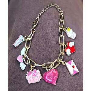 Y2K Chunky Pink Enamel Charm‎ Gold Tone Bracelet Sweetheart Kawaii
